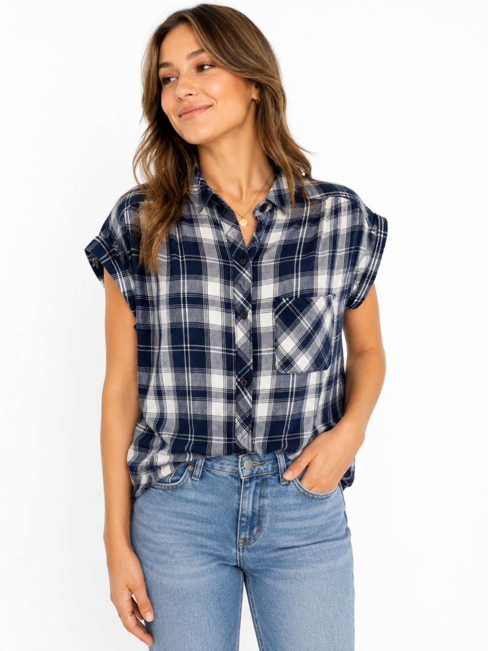 Anthropologie Cloth & Stone Plaid Shirt Women S 100% Cotton Button Up